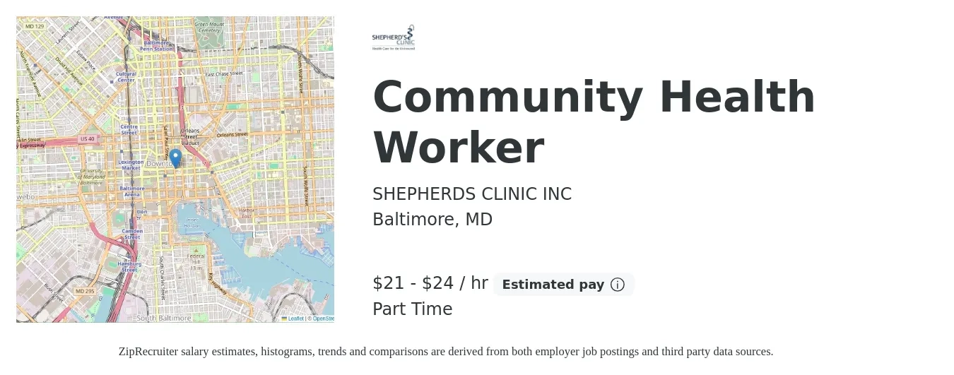 SHEPHERDS CLINIC INC job posting for a Community Health Worker in Baltimore, MD with a salary of $22 to $25 Hourly with a map of Baltimore location.