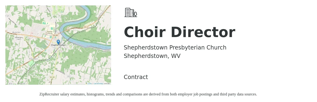 Shepherdstown Presbyterian Church job posting for a Choir Director in Shepherdstown, WV with a salary of $37,600 to $53,200 Yearly with a map of Shepherdstown location.