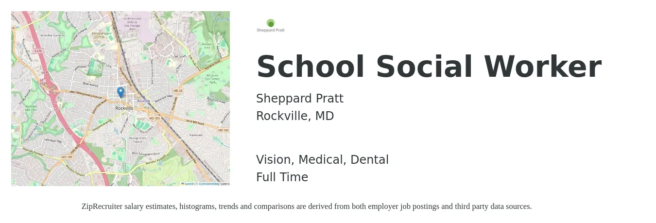 Sheppard Pratt job posting for a School Social Worker in Rockville, MD with a salary of $53,500 to $73,400 Yearly and benefits including life_insurance, medical, vision, and dental with a map of Rockville location.