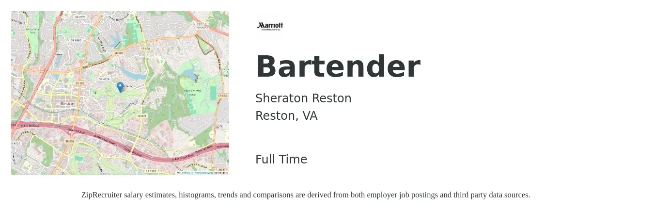 Sheraton Reston job posting for a Bartender in Reston, VA with a salary of $10 to $20 Hourly with a map of Reston location.