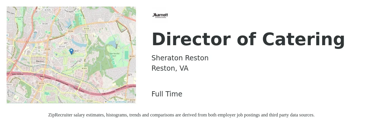 Sheraton Reston job posting for a Director of Catering in Reston, VA with a salary of $52,800 to $92,500 Yearly with a map of Reston location.