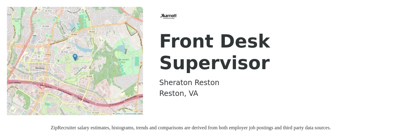 Sheraton Reston job posting for a Front Desk Supervisor in Reston, VA with a salary of $18 to $23 Hourly with a map of Reston location.