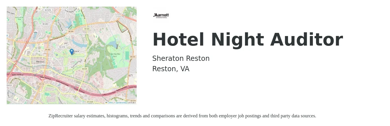 Sheraton Reston job posting for a Hotel Night Auditor in Reston, VA with a salary of $16 to $21 Hourly with a map of Reston location.