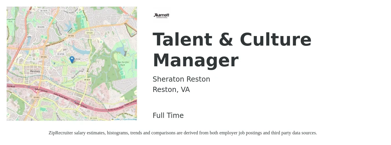 Sheraton Reston job posting for a Talent & Culture Manager in Reston, VA with a salary of $70,200 to $112,400 Yearly with a map of Reston location.