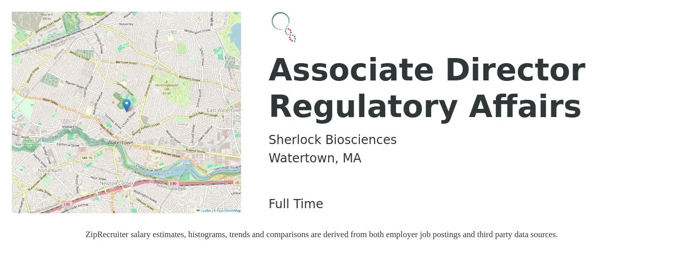 Sherlock Biosciences job posting for a Associate Director Regulatory Affairs in Watertown, MA with a salary of $119,600 to $189,200 Yearly with a map of Watertown location.
