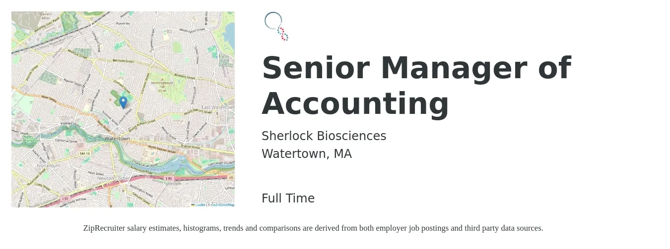 Sherlock Biosciences job posting for a Senior Manager of Accounting in Watertown, MA with a salary of $98,400 to $145,700 Yearly with a map of Watertown location.