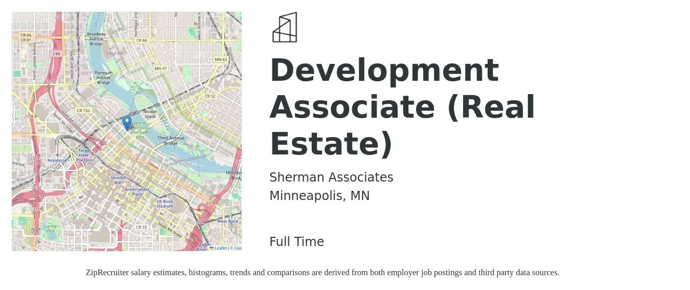 Sherman Associates job posting for a Development Associate (Real Estate) in Minneapolis, MN with a salary of $59,000 to $117,400 Yearly with a map of Minneapolis location.