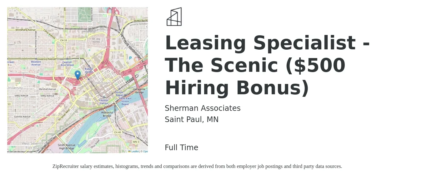 Sherman Associates job posting for a Leasing Specialist - The Scenic ($500 Hiring Bonus) in Saint Paul, MN with a salary of $17 to $22 Hourly with a map of Saint Paul location.