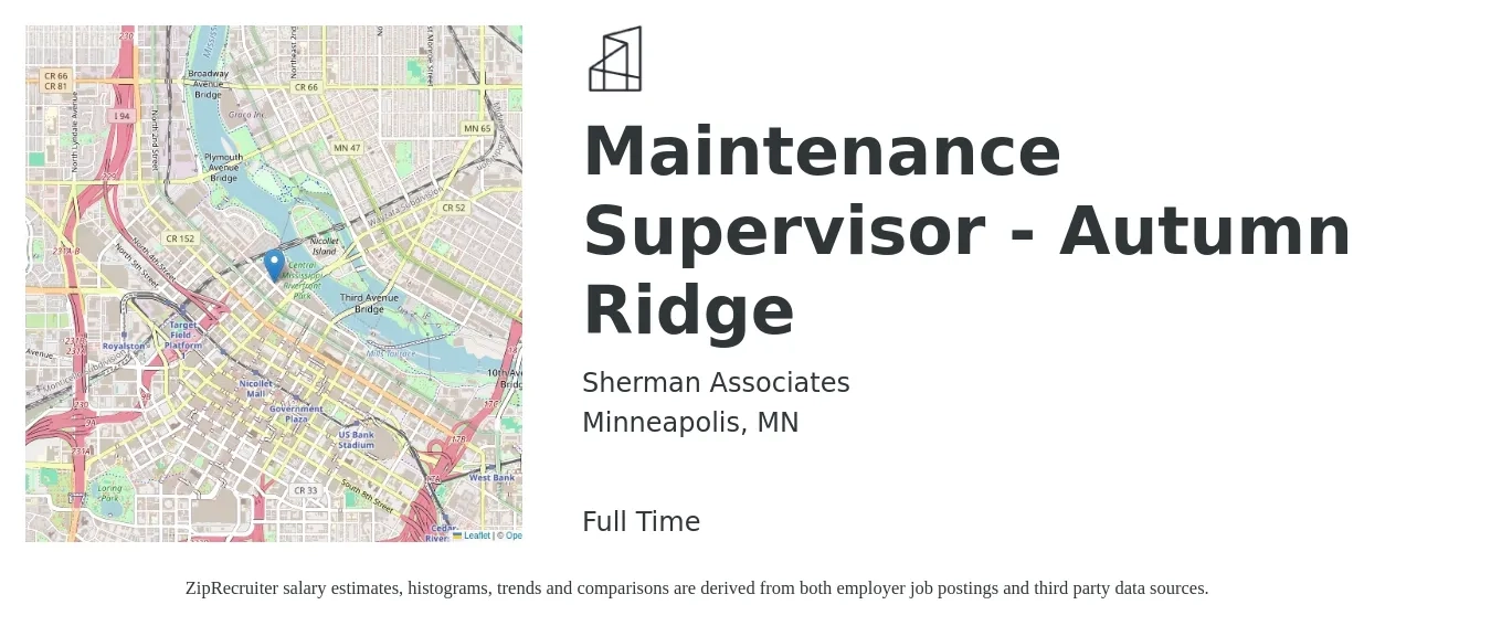 Sherman Associates job posting for a Maintenance Supervisor - Autumn Ridge in Minneapolis, MN with a salary of $25 to $42 Hourly with a map of Minneapolis location.