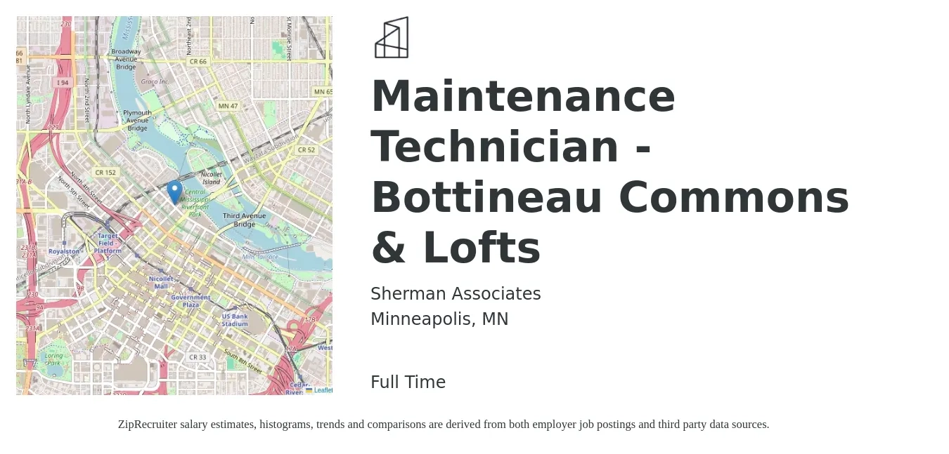 Sherman Associates job posting for a Maintenance Technician - Bottineau Commons & Lofts in Minneapolis, MN with a salary of $20 to $28 Hourly with a map of Minneapolis location.
