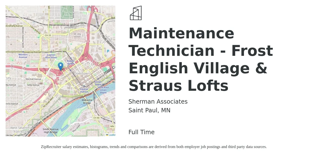 Sherman Associates job posting for a Maintenance Technician - Frost English Village & Straus Lofts in Saint Paul, MN with a salary of $20 to $27 Hourly with a map of Saint Paul location.