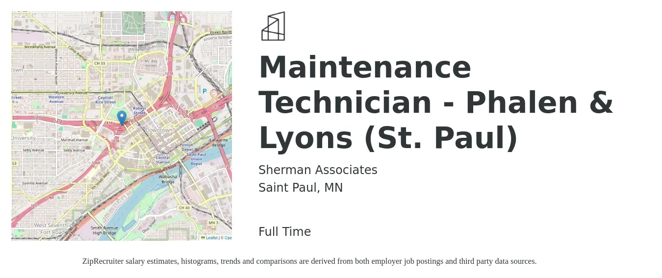 Sherman Associates job posting for a Maintenance Technician - Phalen & Lyons (St. Paul) in Saint Paul, MN with a salary of $20 to $27 Hourly with a map of Saint Paul location.