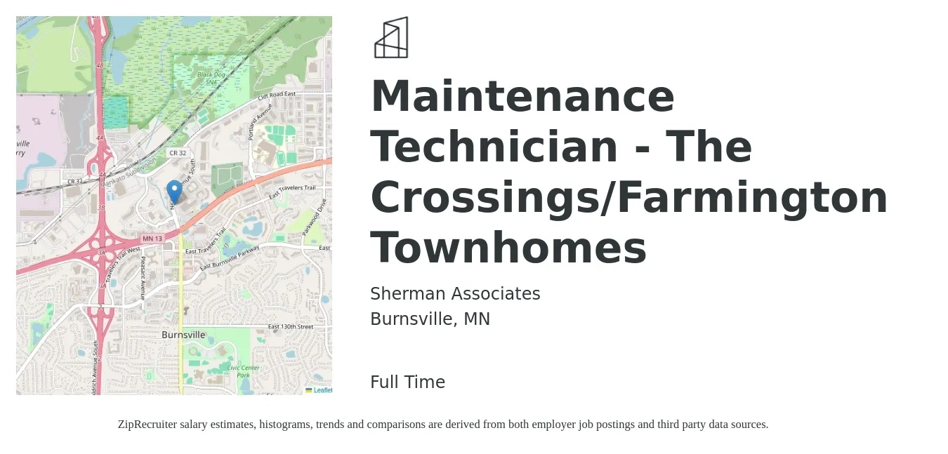 Sherman Associates job posting for a Maintenance Technician - The Crossings/Farmington Townhomes in Burnsville, MN with a salary of $20 to $28 Hourly with a map of Burnsville location.