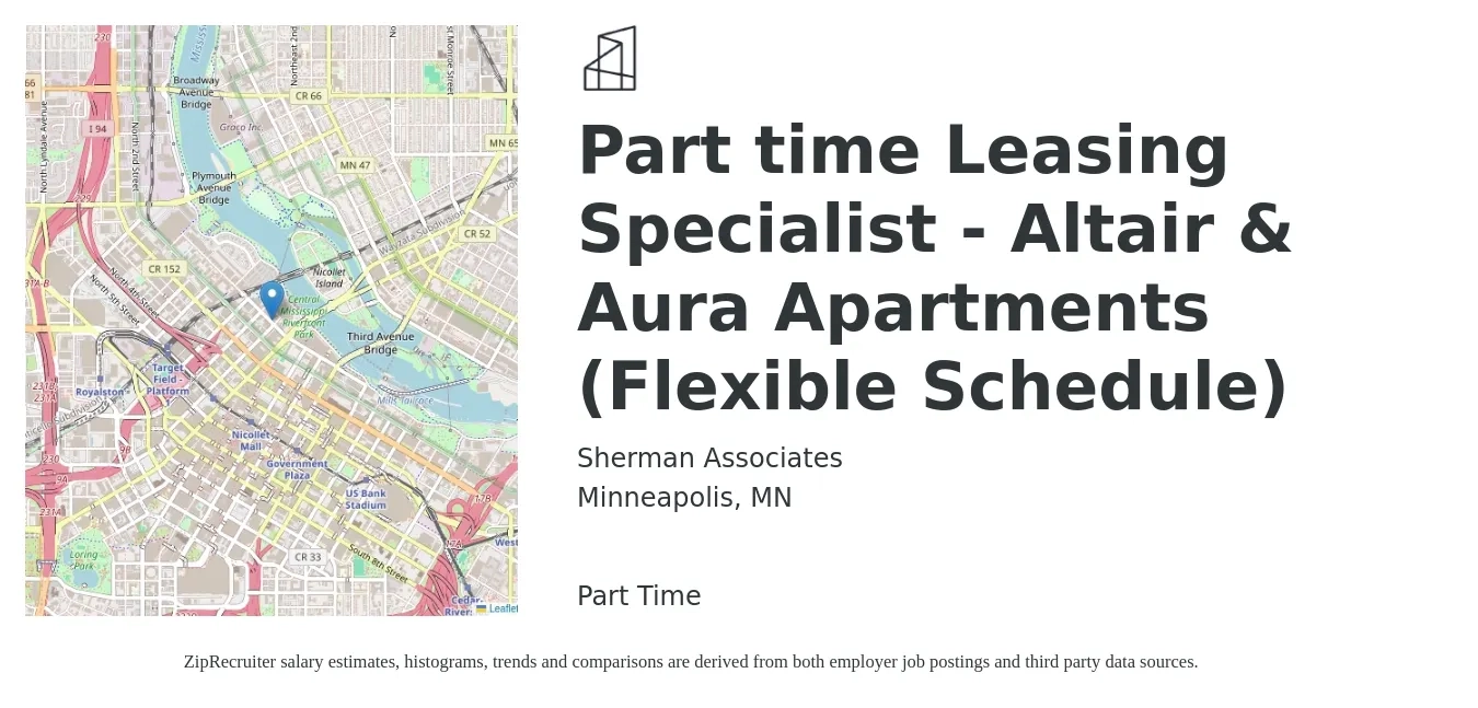 Sherman Associates job posting for a Part time Leasing Specialist - Altair & Aura Apartments (Flexible Schedule) in Minneapolis, MN with a salary of $18 to $23 Hourly with a map of Minneapolis location.
