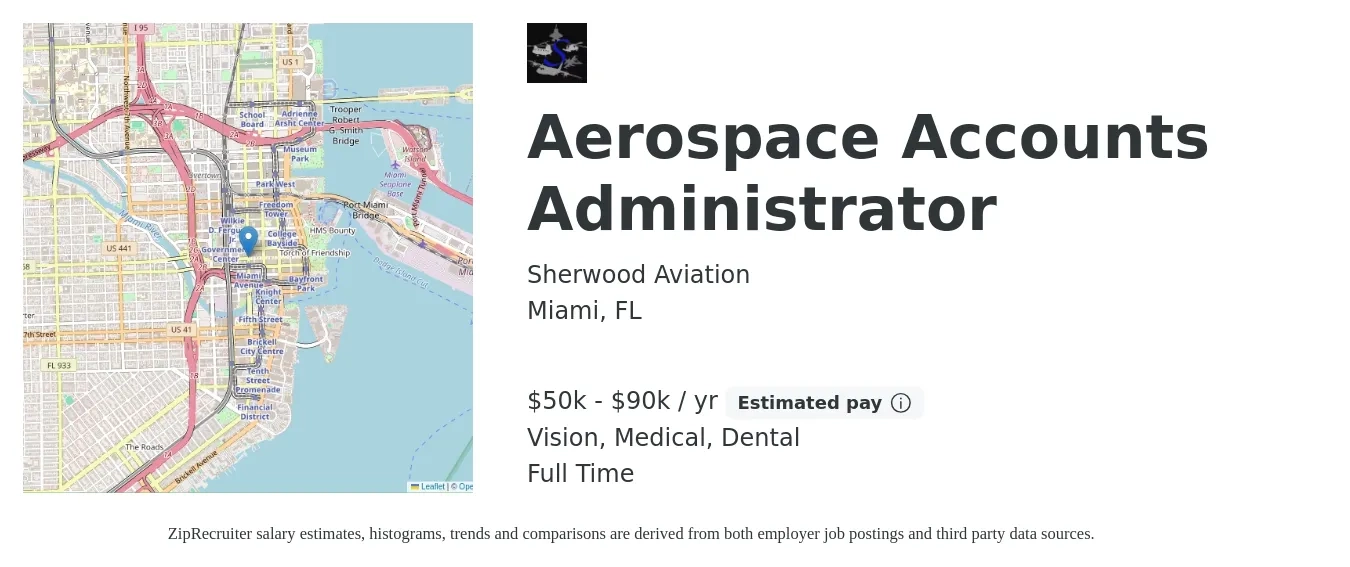 Sherwood Aviation job posting for a Aerospace Accounts Administrator in Miami, FL with a salary of $50,000 to $90,000 Yearly and benefits including vision, dental, life_insurance, medical, and retirement with a map of Miami location.