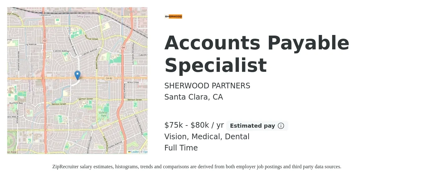 SHERWOOD PARTNERS job posting for a Accounts Payable Specialist in Santa Clara, CA with a salary of $75,000 to $80,000 Yearly and benefits including vision, dental, life_insurance, medical, pto, and retirement with a map of Santa Clara location.