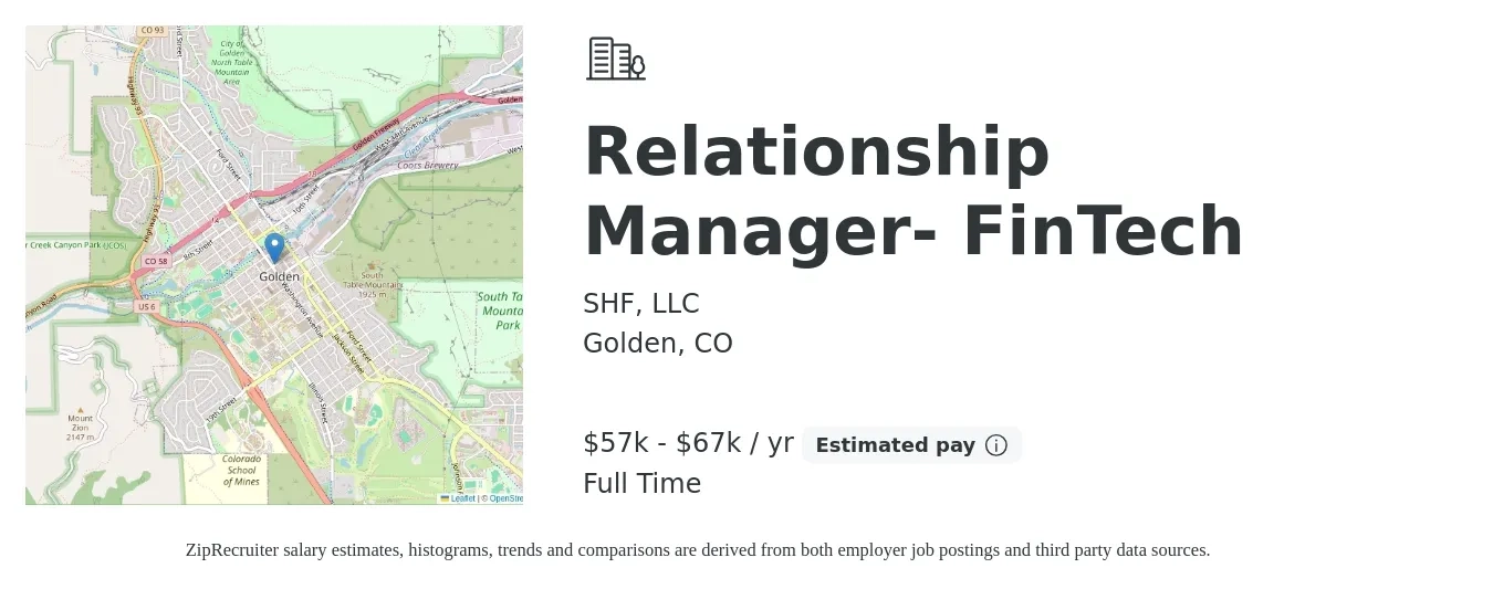 SHF, LLC job posting for a Relationship Manager- FinTech in Golden, CO with a salary of $57,000 to $67,400 Yearly with a map of Golden location.