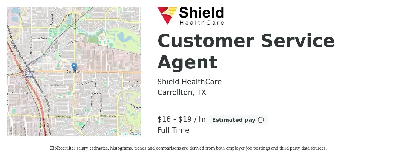 Shield HealthCare job posting for a Customer Service Agent in Carrollton, TX with a salary of $19 to $20 Hourly with a map of Carrollton location.