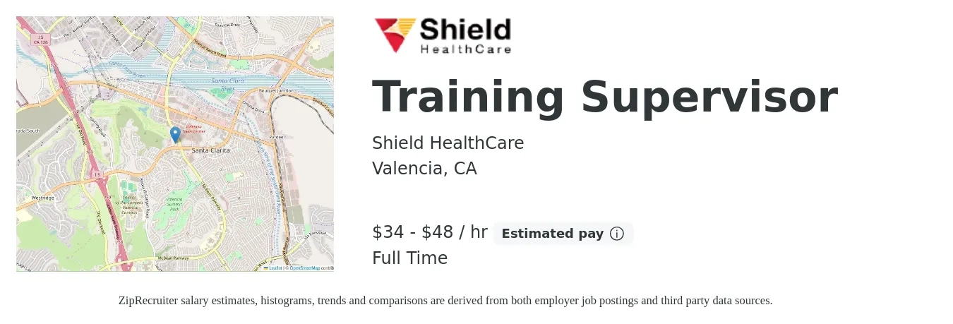 Shield HealthCare job posting for a Training Supervisor in Valencia, CA with a salary of $36 to $50 Hourly with a map of Valencia location.