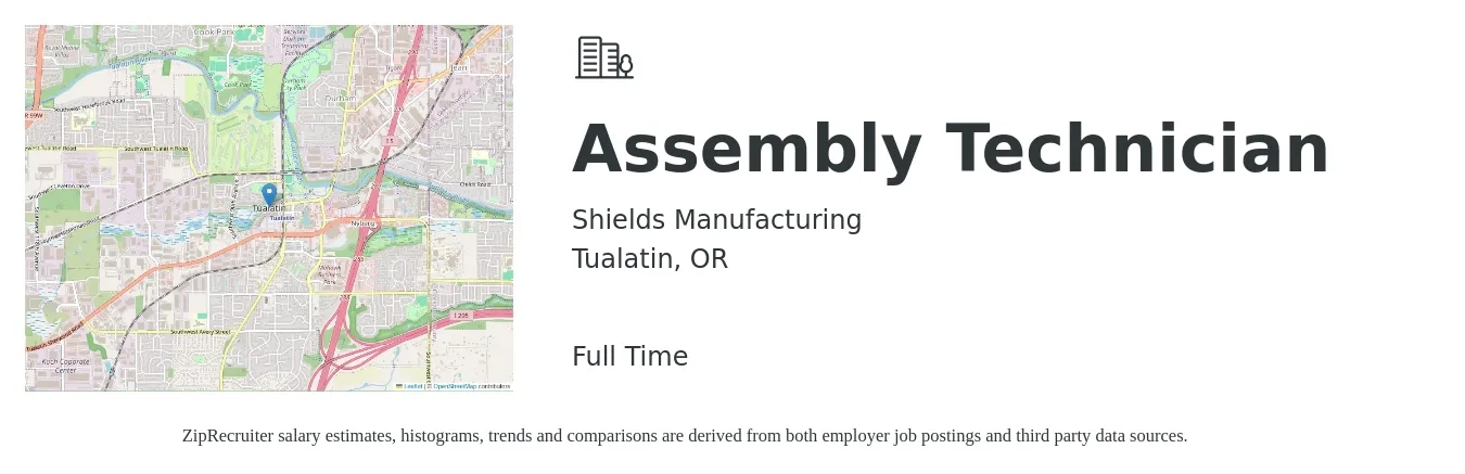 Shields Manufacturing job posting for a Assembly Technician in Tualatin, OR with a salary of $18 to $23 Hourly with a map of Tualatin location.