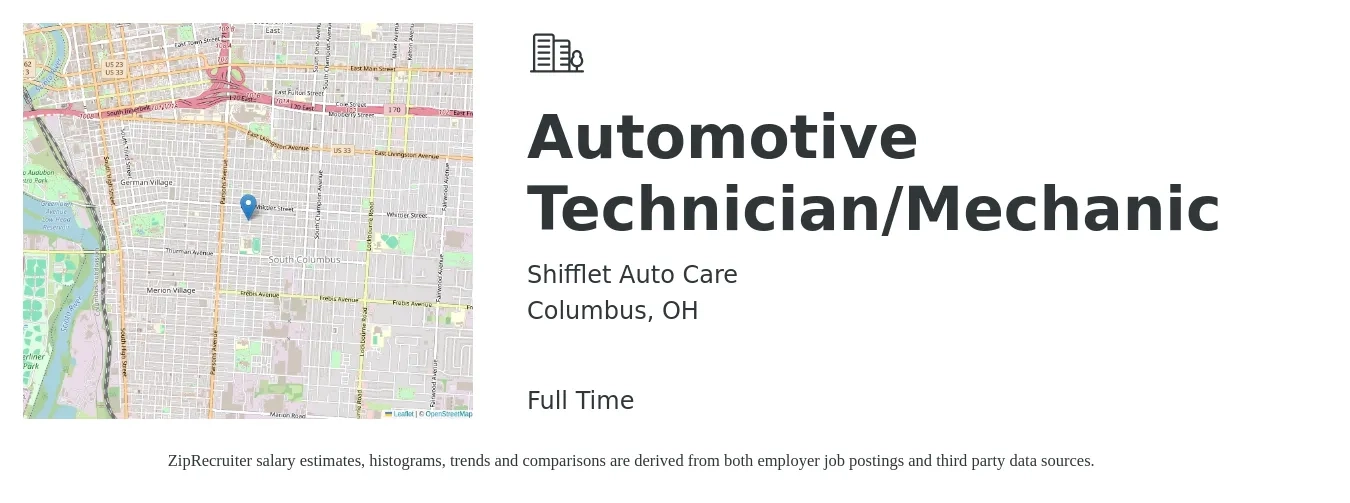 Shifflet Auto Care job posting for a Automotive Technician/Mechanic in Columbus, OH with a salary of $650 Weekly with a map of Columbus location.