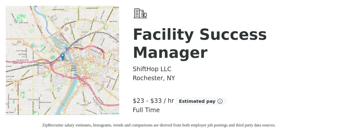 ShiftHop LLC job posting for a Facility Success Manager in Rochester, NY with a salary of $24 to $35 Hourly with a map of Rochester location.