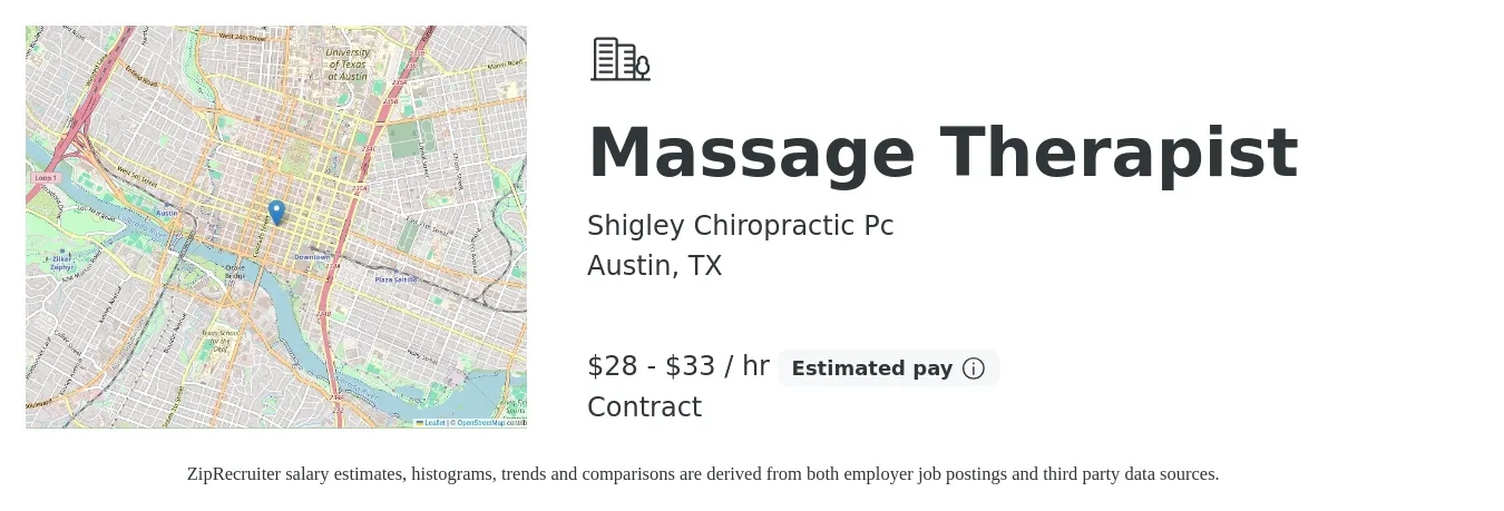 Shigley Chiropractic Pc job posting for a Massage Therapist in Austin, TX with a salary of $30 to $35 Hourly with a map of Austin location.