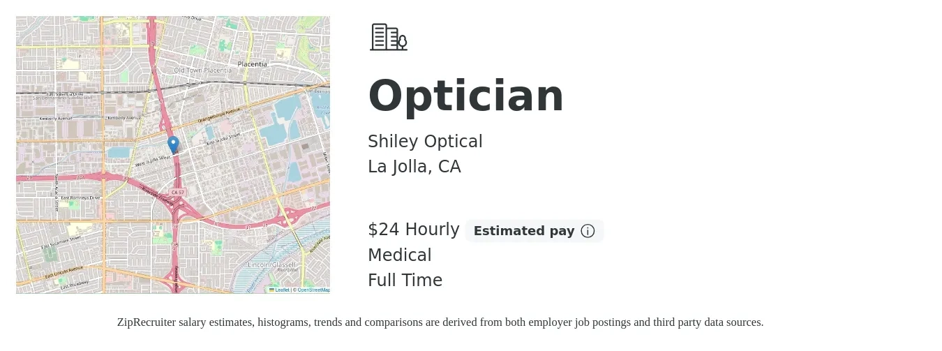 Shiley Optical job posting for a Optician in La Jolla, CA with a salary of $25 Hourly and benefits including medical, and pto with a map of La Jolla location.