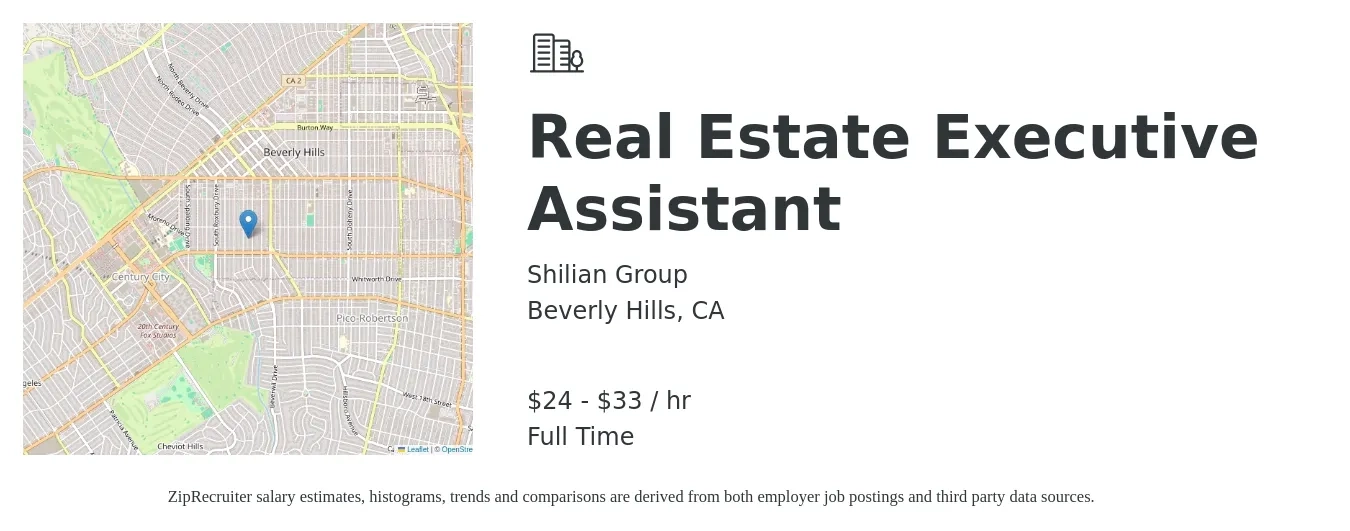 Shilian Group job posting for a Real Estate Executive Assistant in Beverly Hills, CA with a salary of $25 to $35 Hourly with a map of Beverly Hills location.