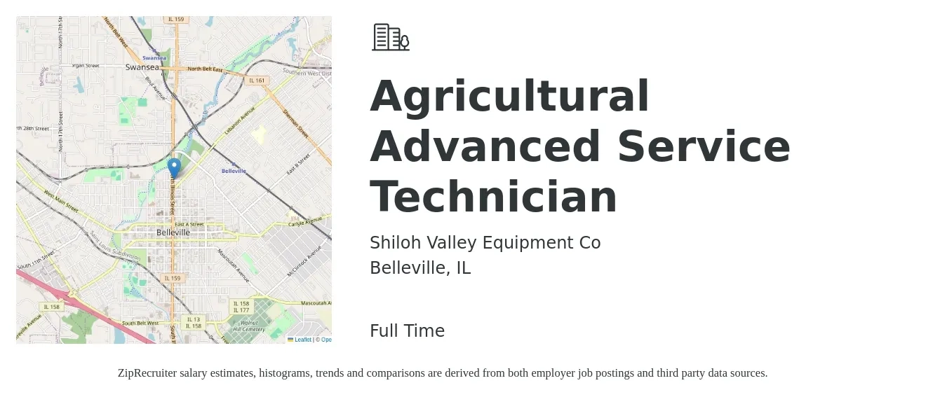 Shiloh Valley Equipment Co job posting for a Agricultural Advanced Service Technician in Belleville, IL with a salary of $18 to $28 Hourly with a map of Belleville location.