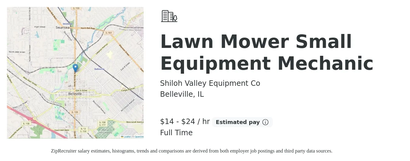 Shiloh Valley Equipment Co job posting for a Lawn Mower Small Equipment Mechanic in Belleville, IL with a salary of $15 to $25 Hourly with a map of Belleville location.
