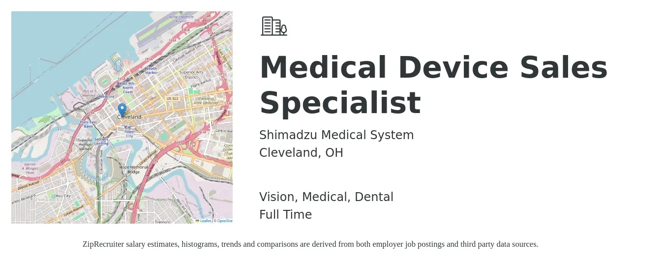 Shimadzu Medical System job posting for a Medical Device Sales Specialist in Cleveland, OH with a salary of $51,400 to $72,700 Yearly and benefits including dental, medical, retirement, and vision with a map of Cleveland location.
