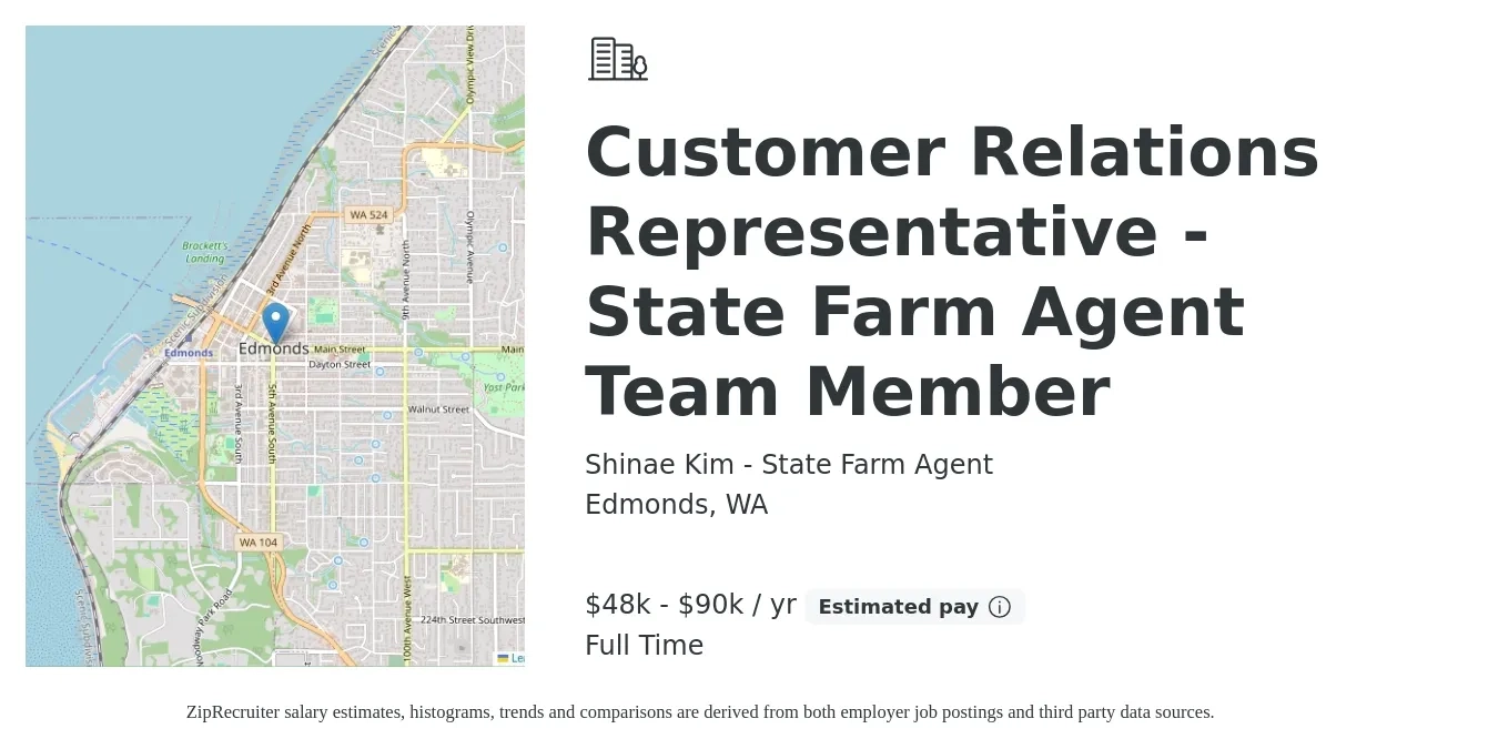 Shinae Kim - State Farm Agent job posting for a Customer Relations Representative - State Farm Agent Team Member in Edmonds, WA with a salary of $48,000 to $90,000 Yearly with a map of Edmonds location.