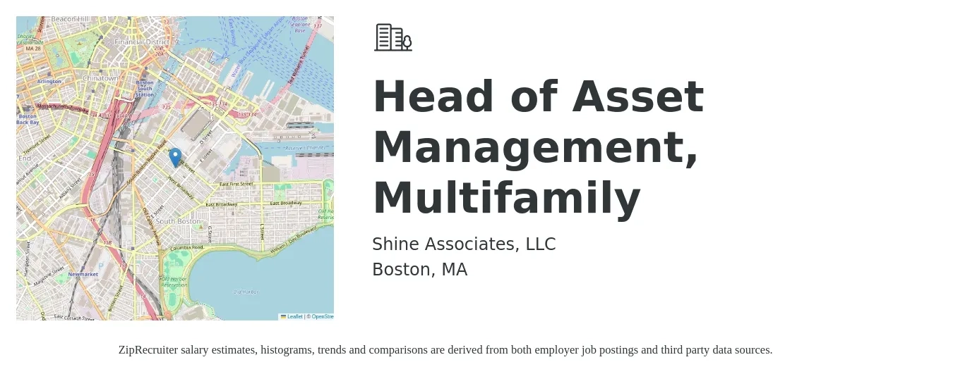Shine Associates job posting for a Head of Asset Management, Multifamily in Boston, MA with a salary of $80,900 to $118,400 Yearly with a map of Boston location.