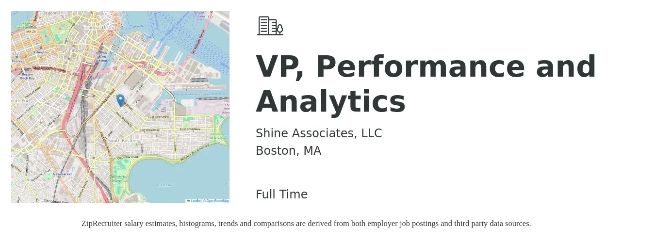 Shine Associates, LLC job posting for a VP, Performance and Analytics in Boston, MA with a salary of $124,900 to $206,400 Yearly with a map of Boston location.