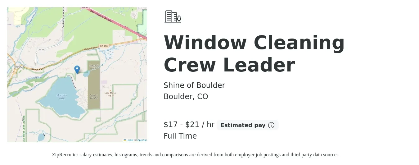 Shine of Boulder job posting for a Window Cleaning Crew Leader in Boulder, CO with a salary of $18 to $22 Hourly with a map of Boulder location.