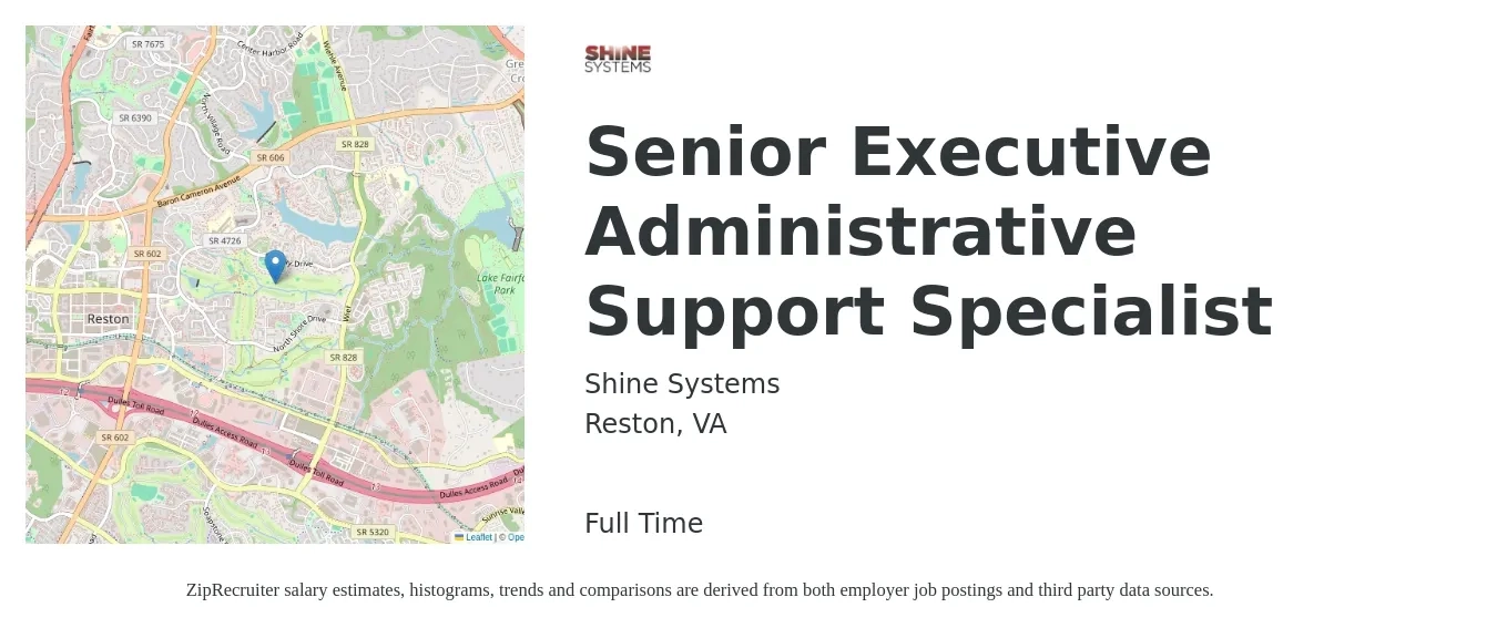 Shine Systems job posting for a Senior Executive Administrative Support Specialist in Reston, VA with a salary of $32 to $50 Hourly with a map of Reston location.