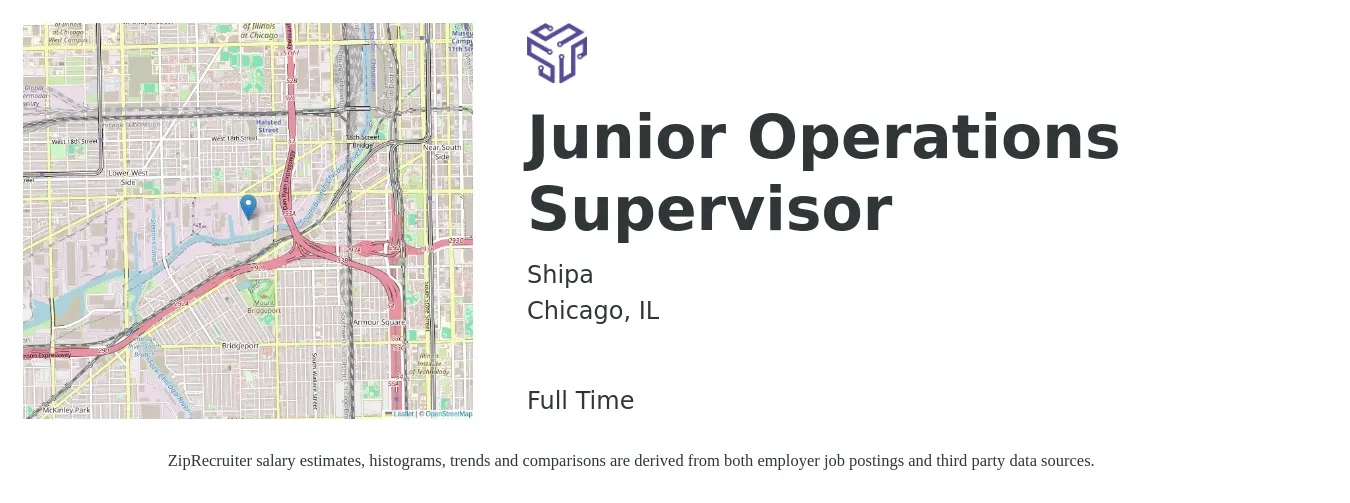 Shipa job posting for a Junior Operations Supervisor in Chicago, IL with a salary of $37,100 to $59,200 Yearly with a map of Chicago location.