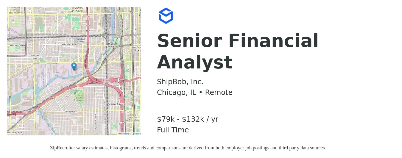 ShipBob, Inc. job posting for a Senior Financial Analyst in Chicago, IL with a salary of $79,496 to $132,494 Yearly with a map of Chicago location.