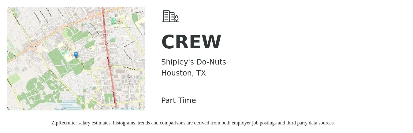 Shipley's Do-Nuts job posting for a CREW in Houston, TX with a salary of $17 to $24 Hourly with a map of Houston location.