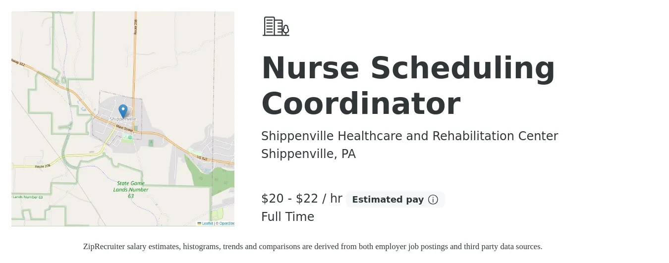 Shippenville Healthcare and Rehabilitation Center job posting for a Nurse Scheduling Coordinator in Shippenville, PA with a salary of $45,000 to $48,000 Yearly with a map of Shippenville location.