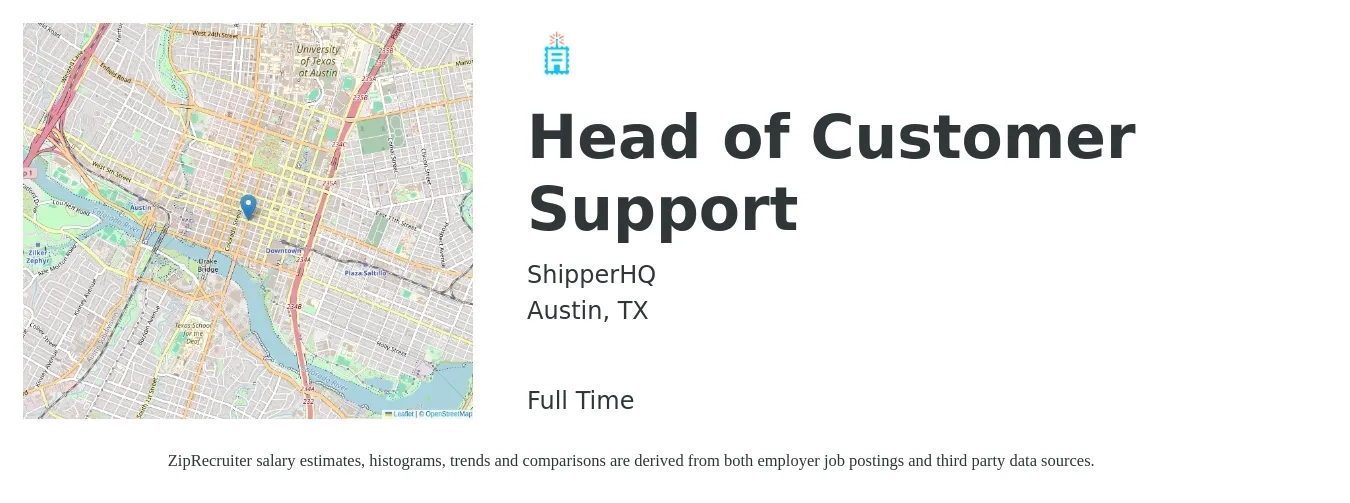 ShipperHQ job posting for a Head of Customer Support in Austin, TX with a salary of $17 to $22 Hourly with a map of Austin location.