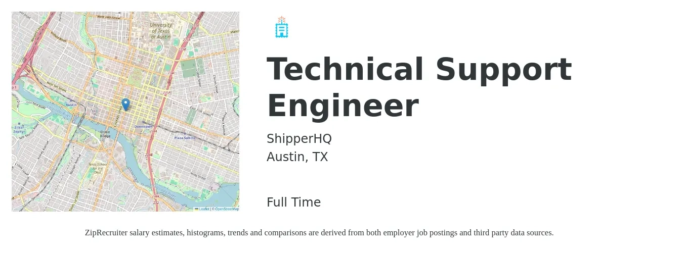 ShipperHQ job posting for a Technical Support Engineer in Austin, TX with a salary of $57,500 to $97,600 Yearly with a map of Austin location.