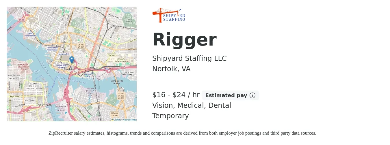 Shipyard Staffing job posting for a Rigger in Norfolk, VA with a salary of $17 to $25 Hourly and benefits including dental, medical, and vision with a map of Norfolk location.