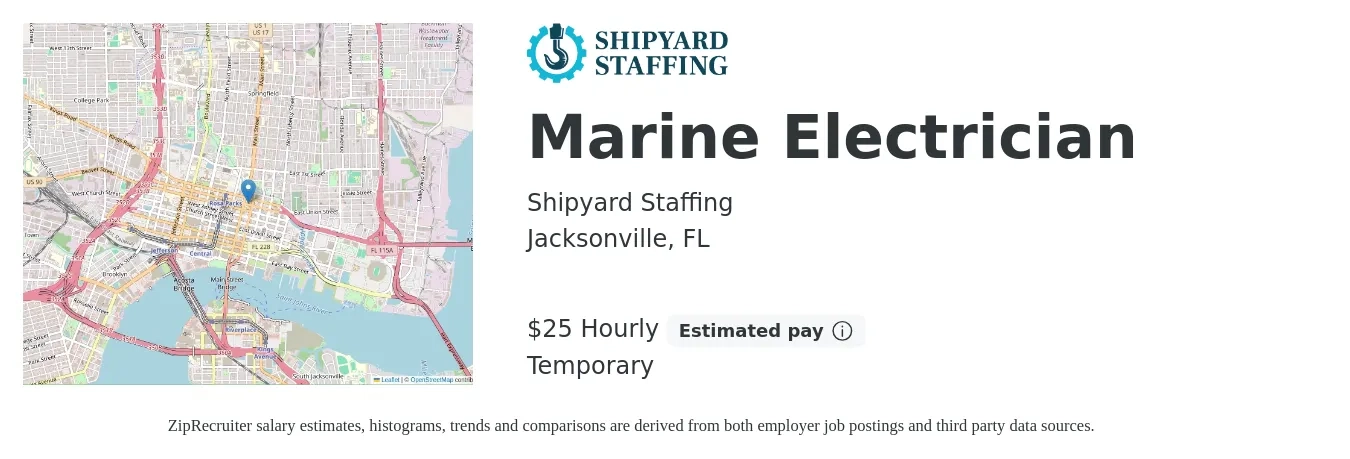 Shipyard Staffing LLC job posting for a Marine Electrician in Jacksonville, FL with a salary of $26 Hourly with a map of Jacksonville location.