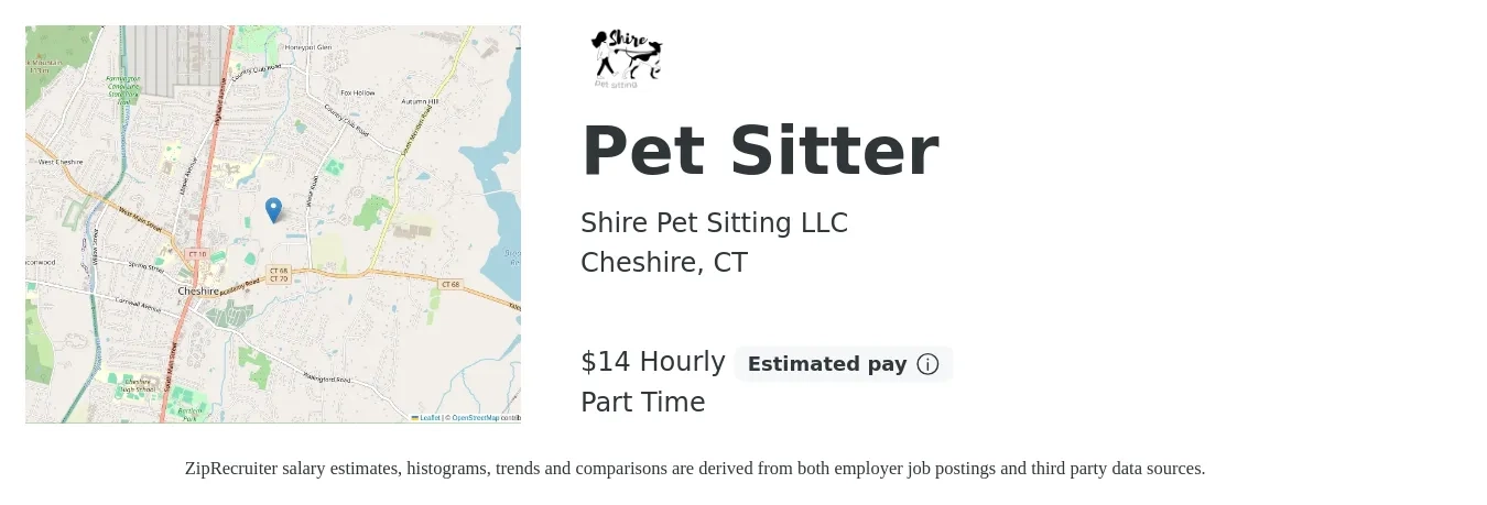 Shire Pet Sitting LLC job posting for a Pet Sitter in Cheshire, CT with a salary of $15 Hourly with a map of Cheshire location.