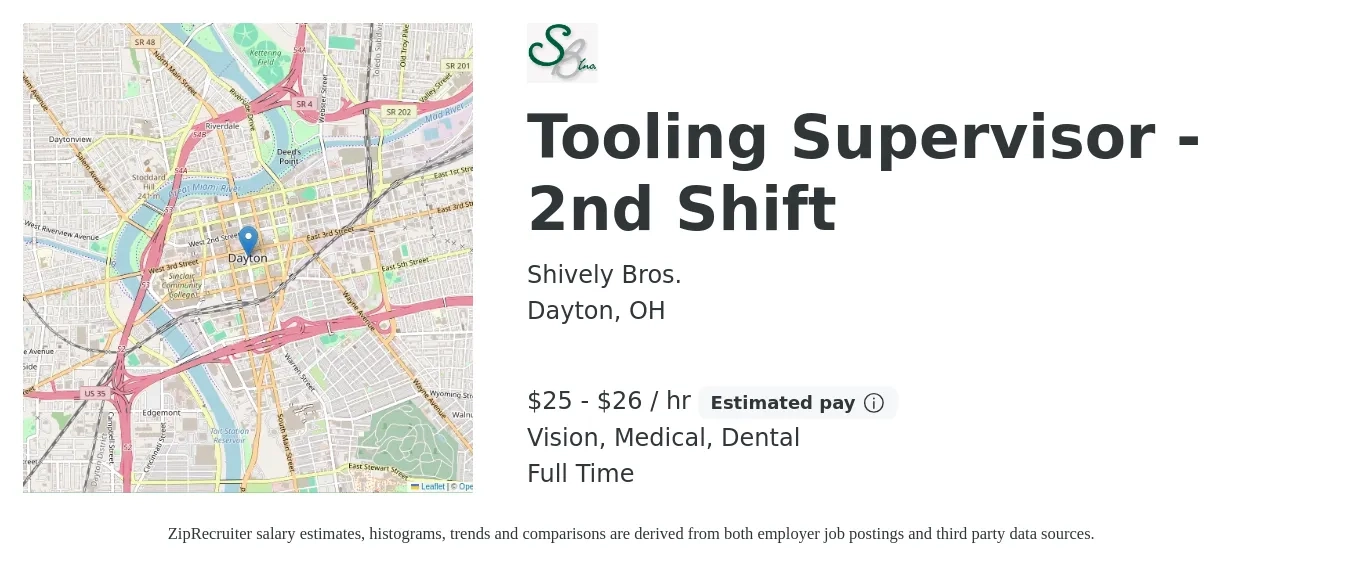 Shively Bros. job posting for a Tooling Supervisor - 2nd Shift in Dayton, OH with a salary of $26 to $28 Hourly and benefits including vision, dental, medical, and pto with a map of Dayton location.