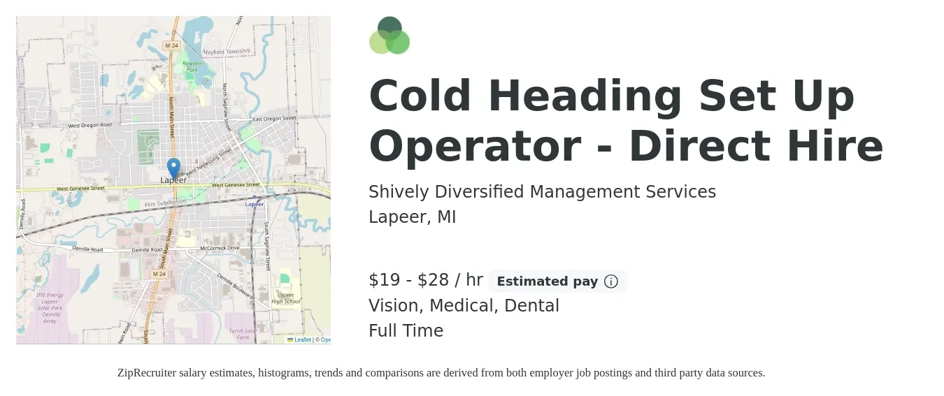 Shively Diversified Management Services job posting for a Cold Heading Set Up Operator - Direct Hire in Lapeer, MI with a salary of $20 to $30 Hourly and benefits including vision, dental, medical, and pto with a map of Lapeer location.