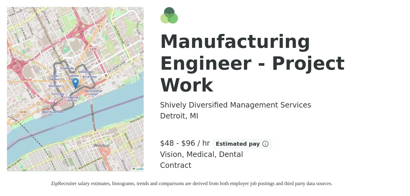 Shively Diversified Management Services job posting for a Manufacturing Engineer - Project Work in Detroit, MI with a salary of $50 to $100 Hourly and benefits including dental, medical, and vision with a map of Detroit location.