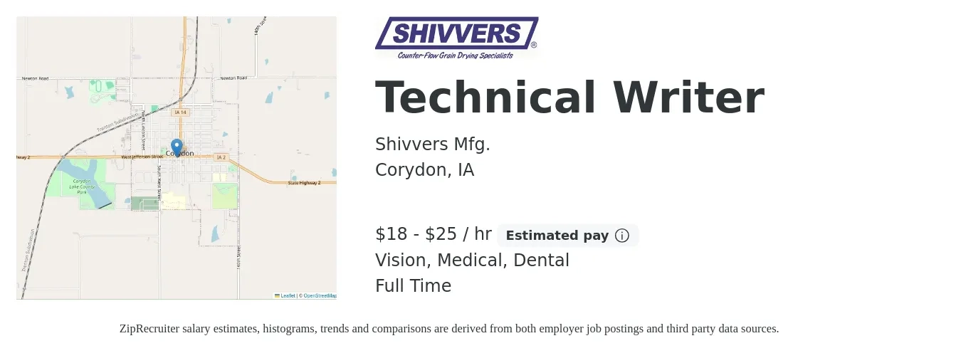 Shivvers Mfg. job posting for a Technical Writer in Corydon, IA with a salary of $19 to $26 Hourly and benefits including vision, dental, life_insurance, medical, pto, and retirement with a map of Corydon location.
